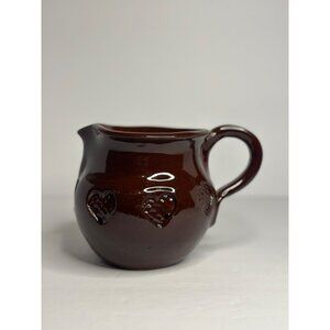 VTG Ned Foltz Pottery Glazed Redware Heart Decorated Pitcher Signed & Dated 1986